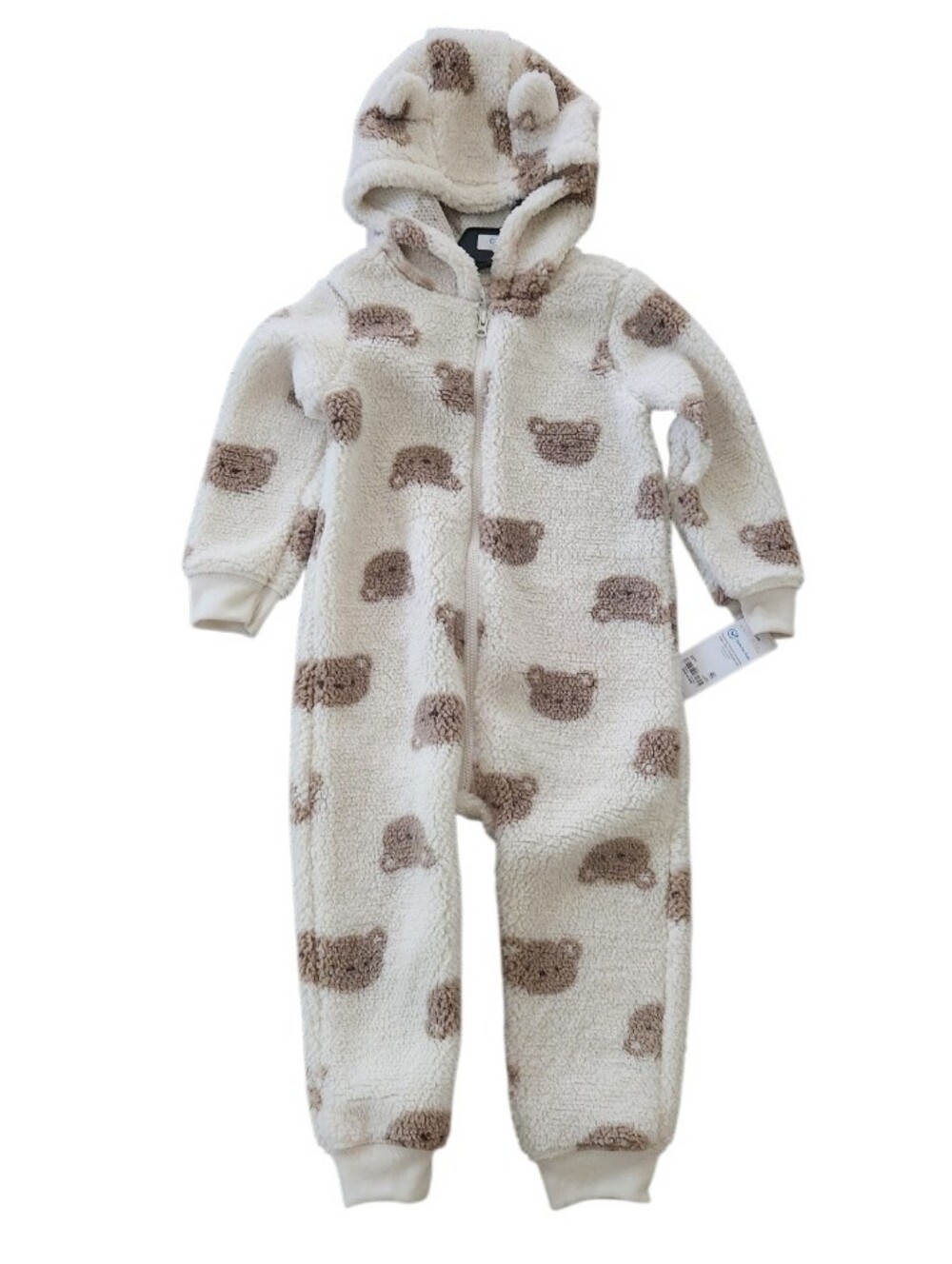 Cozy Bear Hooded One-Piece - Cream with Brown Bear Print Sz 24months Nwt